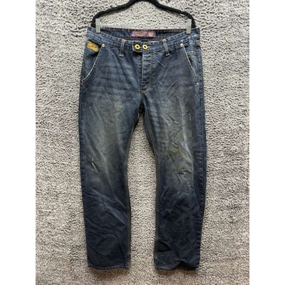 Y2K Christian Audigier‎ Day of the Dead Button Fly Denim Jeans Blue Mens Size 34